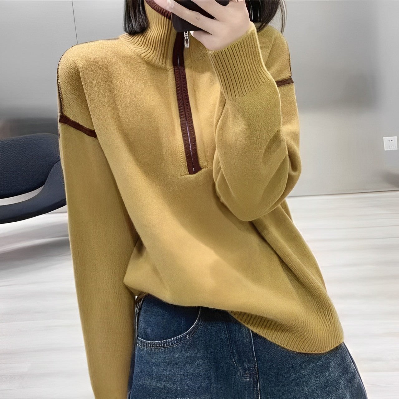 Dam Cardigan Tjock Halv Dragkedja Polyester Avslappnad-4