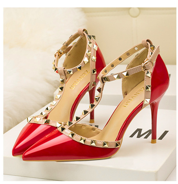 Variant image for Dam Högklackade Sandaler Ankelband PU-Läder med Nitar-19