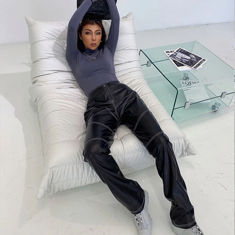 Snygga Byxor Dam Hög Midja PU med Zip-Detaljer-3