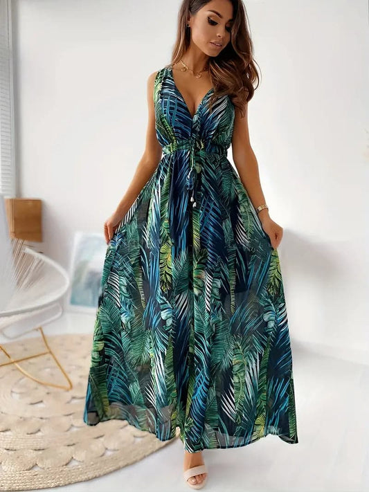 Kvinna Lång Klänning V-hals Tropiskt Bladtryck Lätta Tyger-1