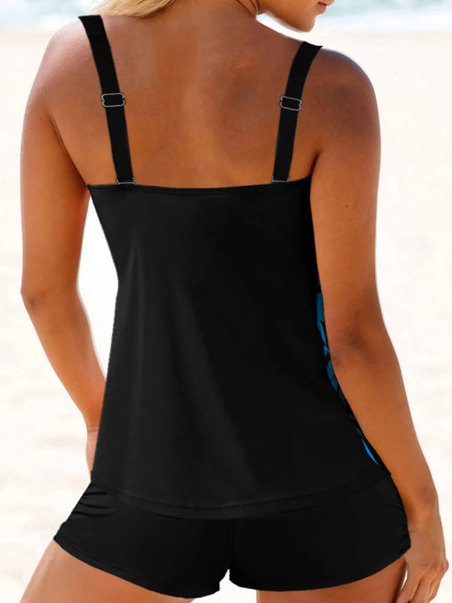 Dam Tankini Hög Midja Bladmönster Nylon Spandex-2