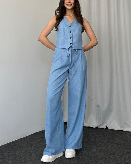 Dam Tvådelad Ensemble Avslappnad Väst och Byxor Högkvalitativ Andningsbar Väv-1