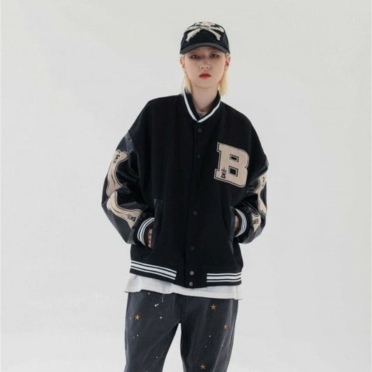 Herr Bomberjacka Varsity Streetwear med Broderade Lappar i Polyester-1