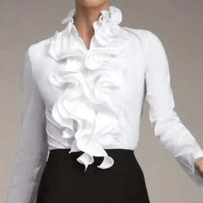 Variant image for Vit Dam Blus Ruffled Polyester med Stand-Up Krage-7