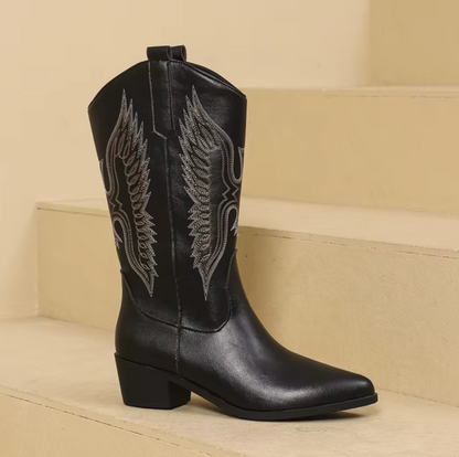 Kvinnor Cowgirl Stövlar Knähög Läder Kilhäl-5