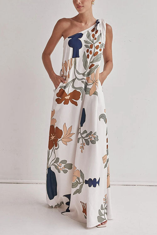 Dam Maxiklänning Asymmetrisk Blommönster Bomull Polyester Sommar-2
