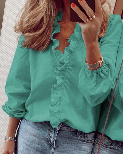 Variant image for Dam Blus med Puffärmar och Ruffle Detaljer i Polyester-9