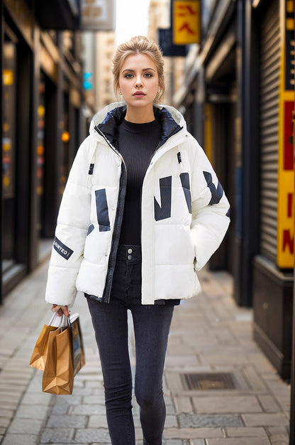 Dam Kort Bomullsjacka Tryckt Avslappnad Förtjockad-4