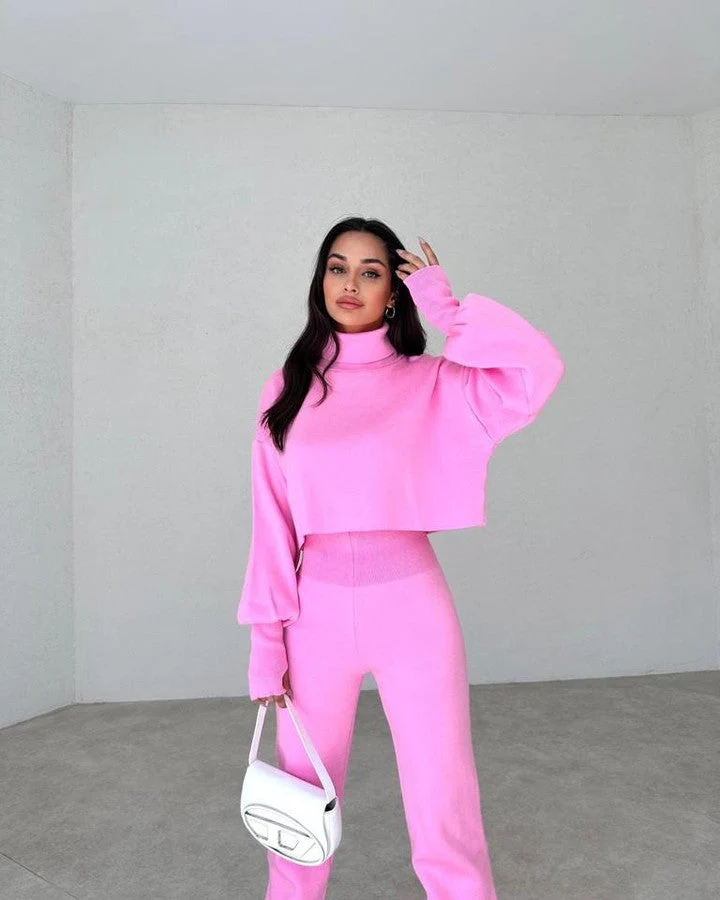 Dam Turtleneck Tröja och Byxor Set Mjuk Textil 6