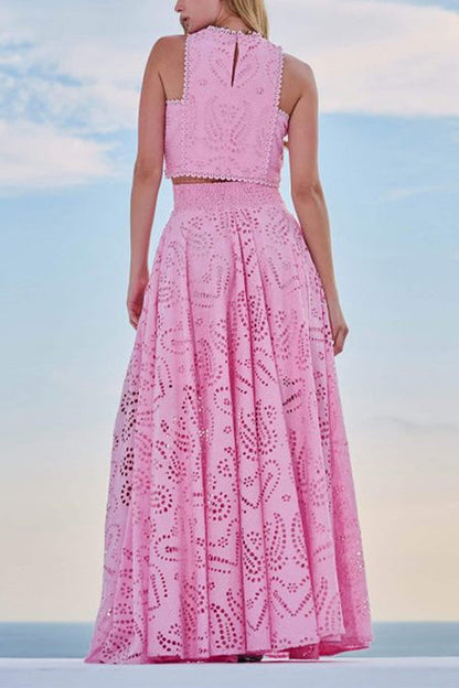 Maxi Klänning Dam Hög Midja med Svängkjol och Spetsdetaljer i Bomull och Polyester-6