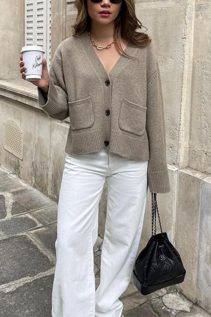 Dam Kofta V-ringad Bomull och Polyester med Knappstängning och Fickor-1