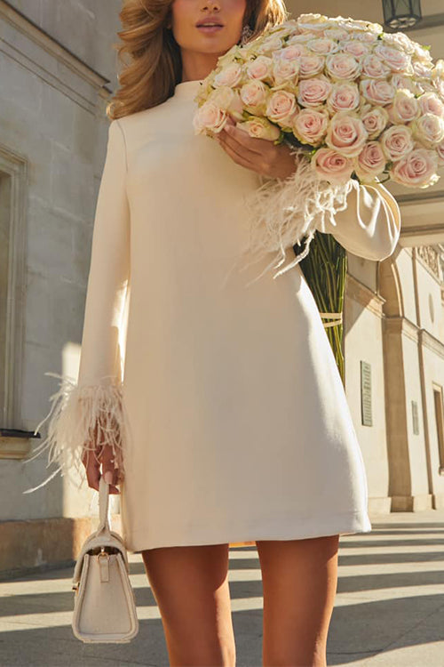 Kvinnor Glittrig Miniklänning Mockneck med Långa Ärmar och Fjäderdetaljer i Bomull och Polyester-6