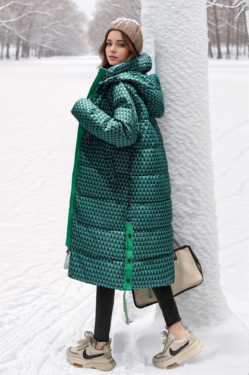 Dam Rutig Bomullsrock Med Huva Quiltad Över Knälängd-6