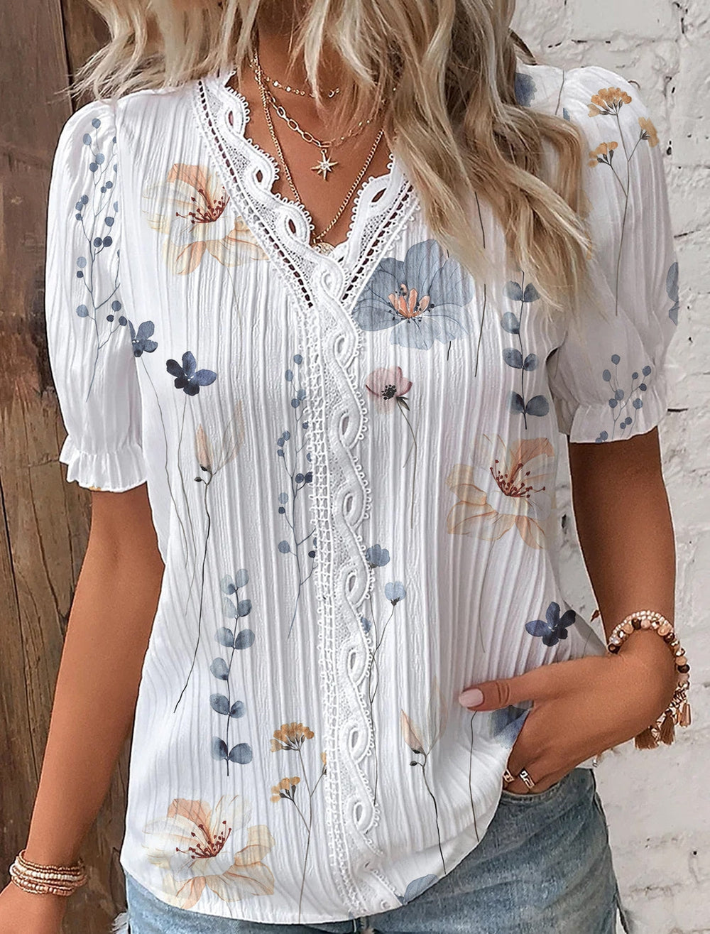 Dam Skjorta V-hals Mönstrad Polyester Bekväm Topp-5