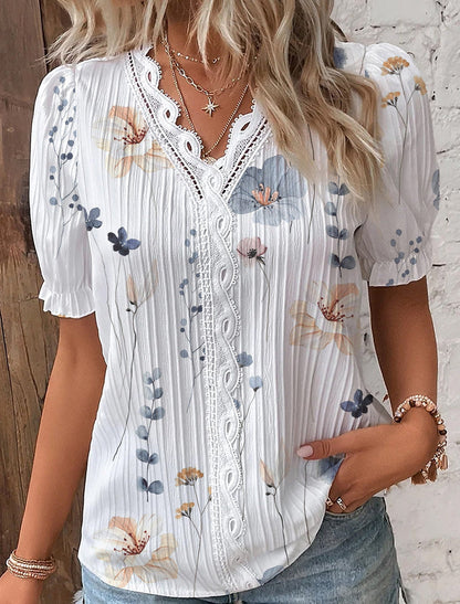 Dam Skjorta V-hals Mönstrad Polyester Bekväm Topp-5