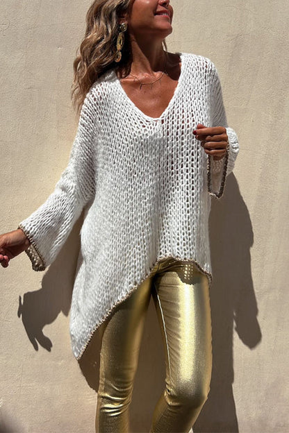 Dam Tröja V-ringning Dolmanärm Oregelbunden Design Bomull Polyester-1