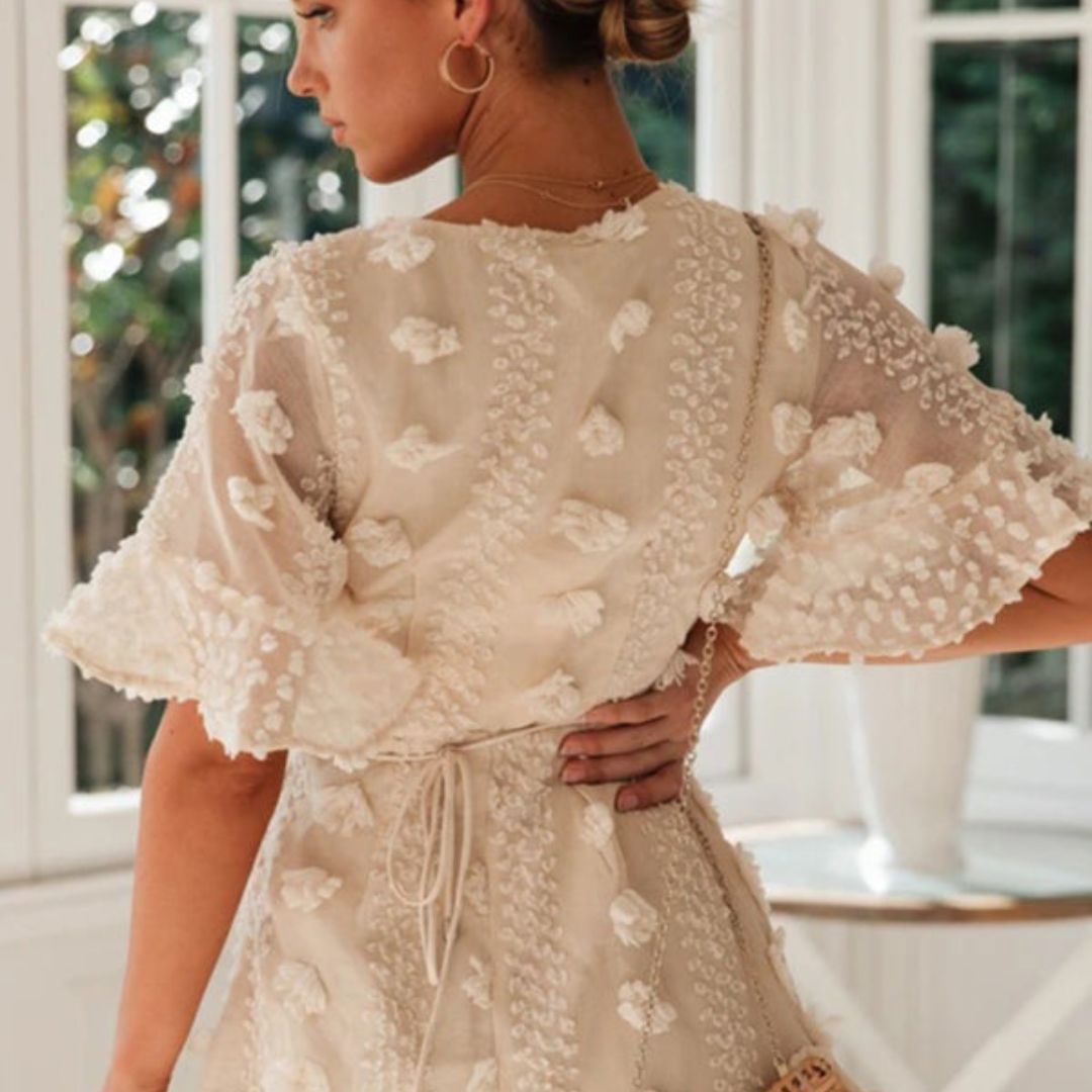 Kvinna Spetsklänning V-hals Fladderärmar Spets-5