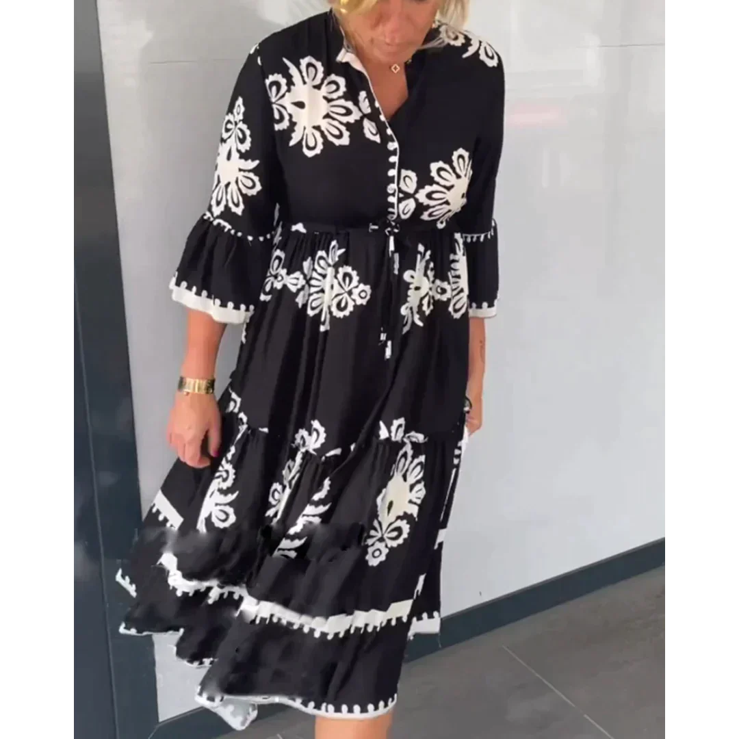 Dam Blommaklänning 3/4 Ärmar Linne-4