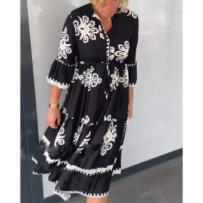 Dam Blommaklänning 3/4 Ärmar Linne-4