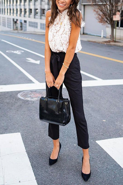 Dam Blommig Top Ärmlös Spets Bomull Polyester-5