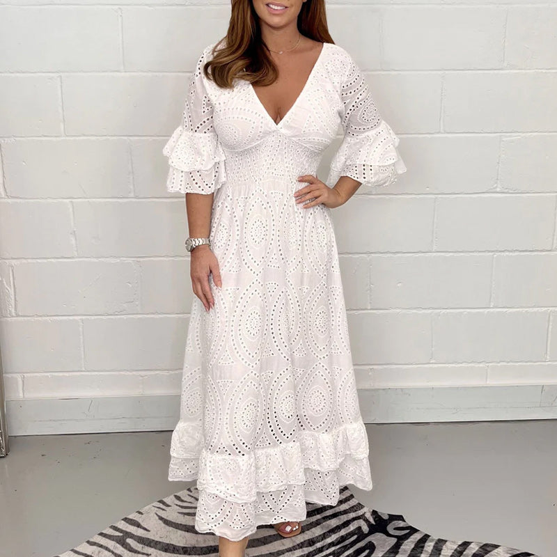 Dam Midi Klänning Broderade Anglaise Ruffles Högkvalitativt Tyg 2
