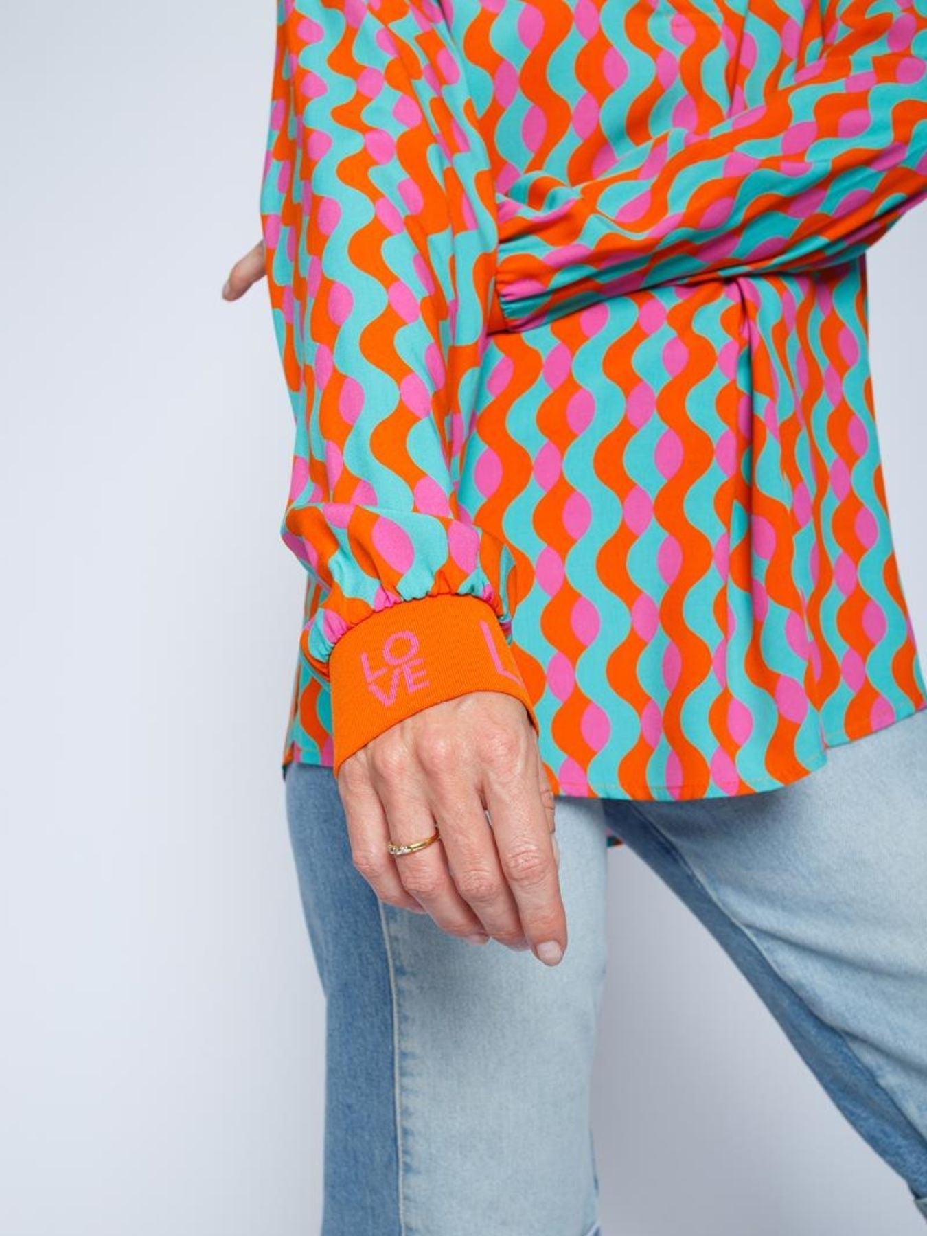 Dam Blus V-ringad Retro Vågmönster 100% Bomull-5