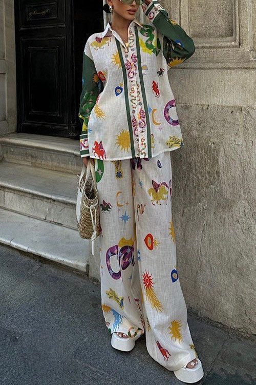 Dam Blus Set med Tryck och Lösa Byxor i Bomull och Polyester-1