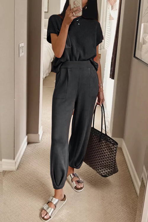 Variant image for Dam Harembyxor Set Ribbstickad Kortärmad Tröja Bomull Polyester-5