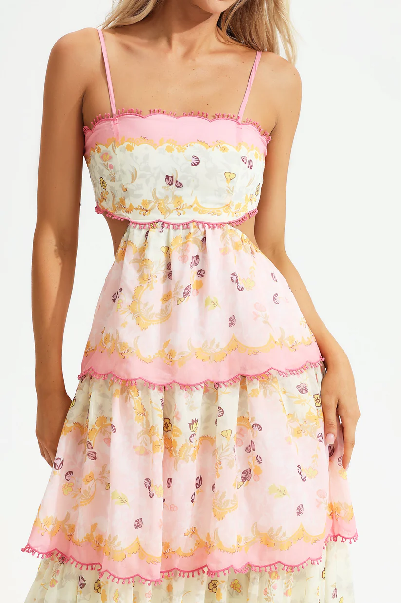 Blommig Maxiklänning Dam med Cami-halsringning och Tierad Volang – Elegant Polyester Klänning för Fest och Sommar 3