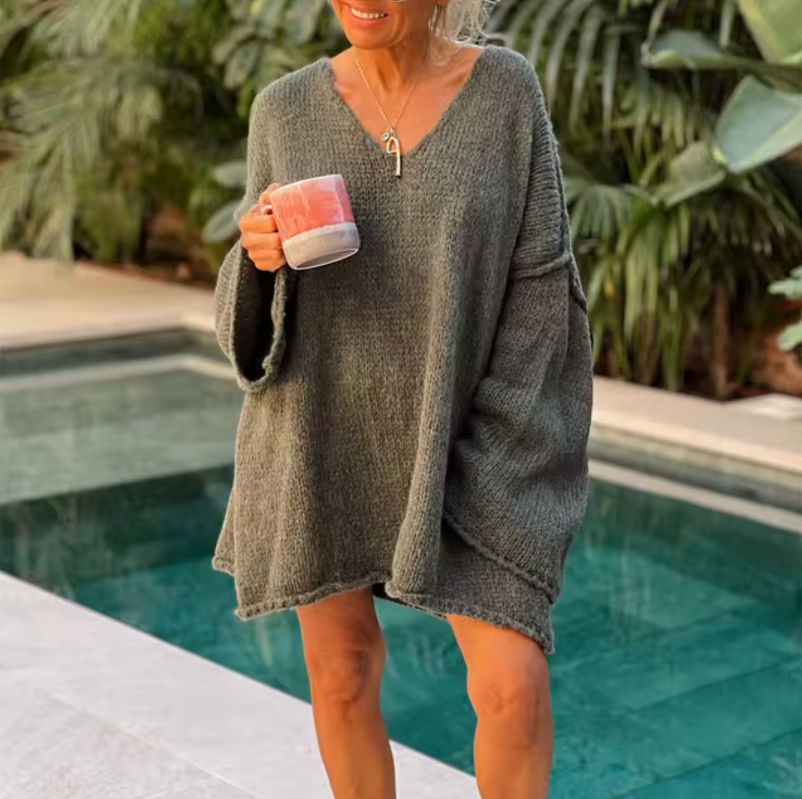 Dam Stickad Tröja V-ringad Monokrom Mjuk Akrylblandning-6