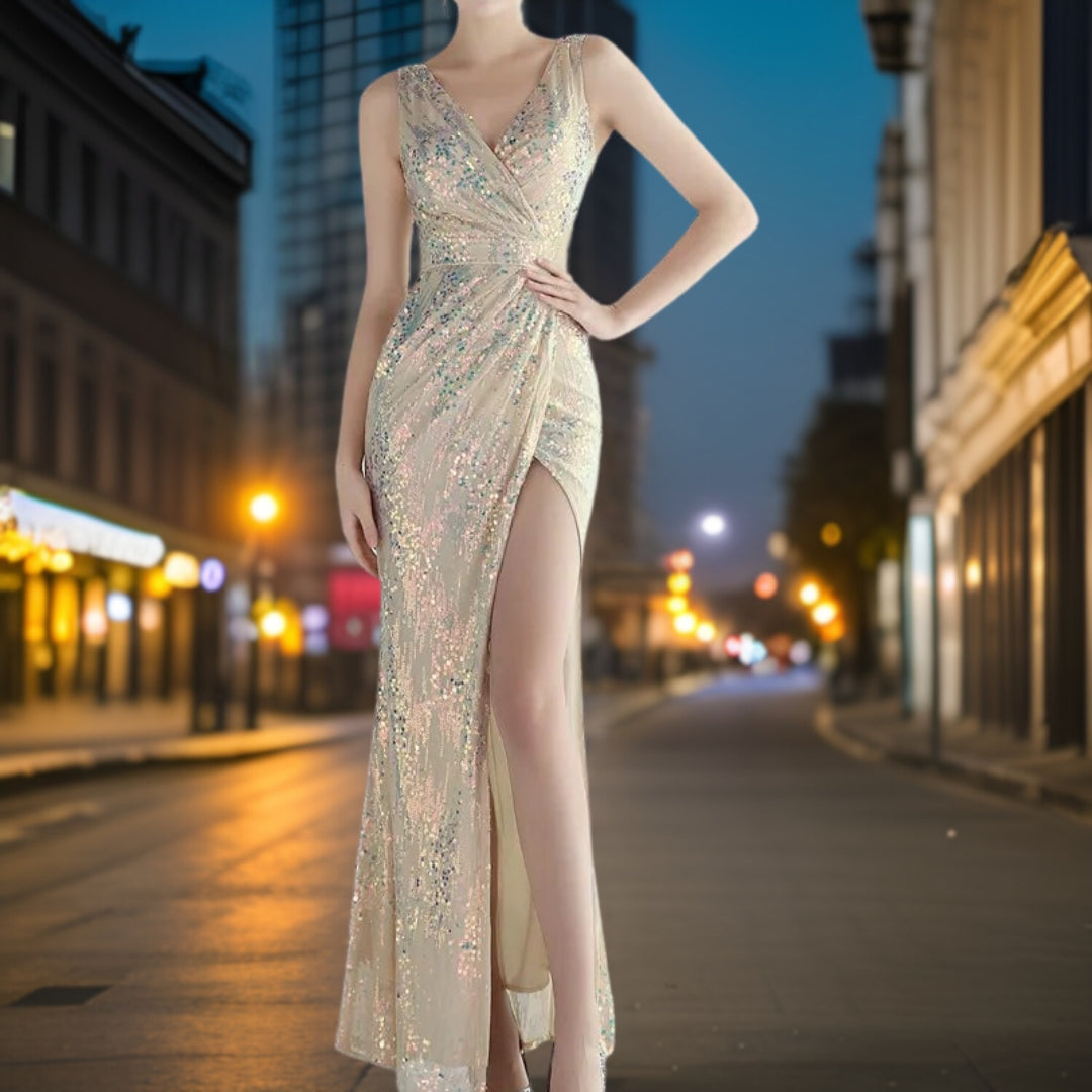 Kvinnors Aftonklänning Lång Med Paljetter Flödande Design Polyester 3