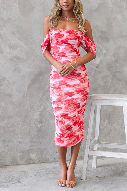 Fina Dam Klänningar Off Shoulder Blommig Midi Mesh Bomull Polyeter-1