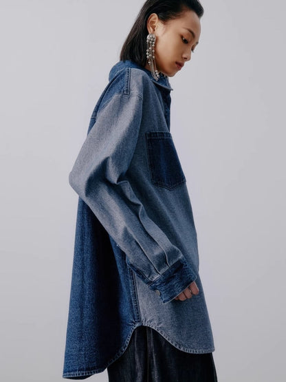 Dam Skjorta Färgblock Denim Lapptäcktsdesign-5