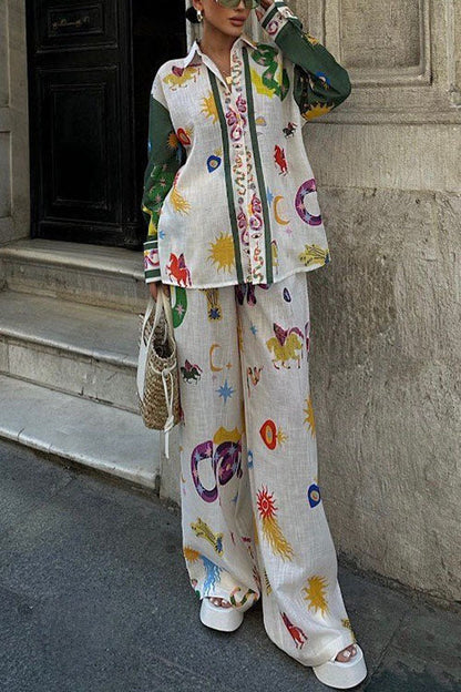 Variant image for Dam Blus Set med Tryck och Lösa Byxor i Bomull och Polyester-1