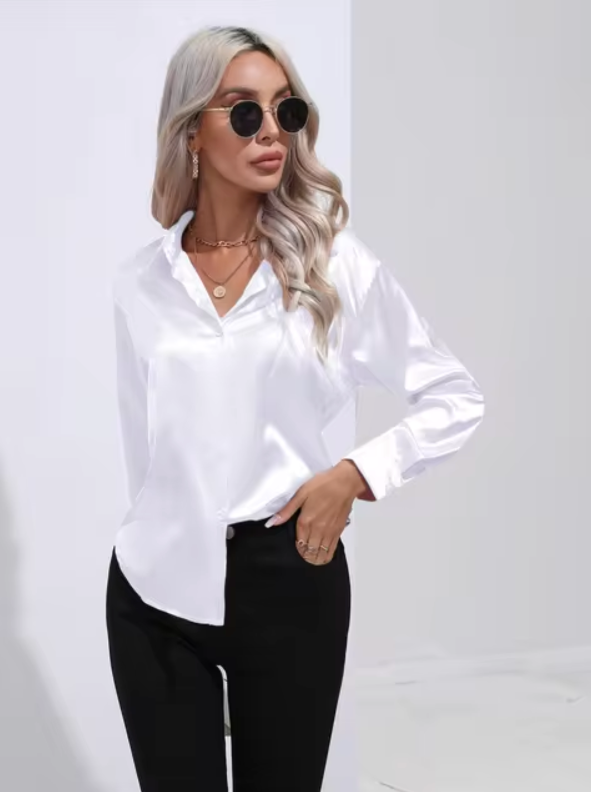 Variant image for Dam Blus Långärmad Satin Elegant V-Ringning-31
