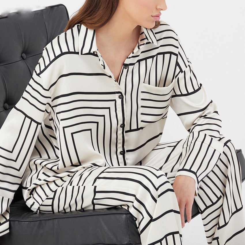 Dam Tvådelat Ensemble Långärmad Skjorta Polyester Vida Byxor-5