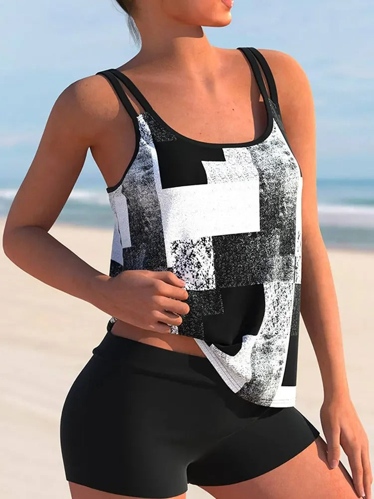 Dam Tankini Geometriskt Mönster Dubbelbärare Polyester-2