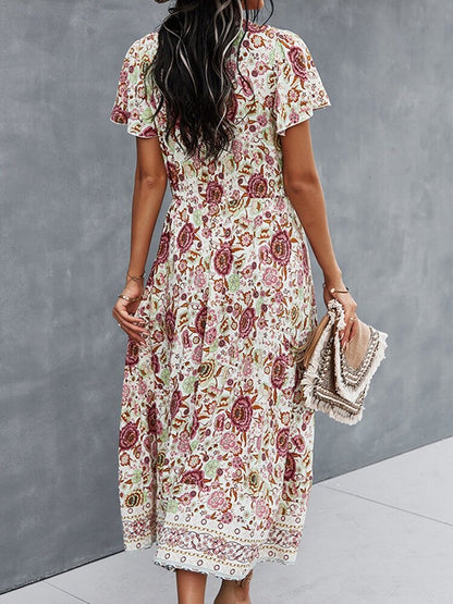 Kvinna MIDI Klänning V-ringning Blommönster Bomull Viskos 3