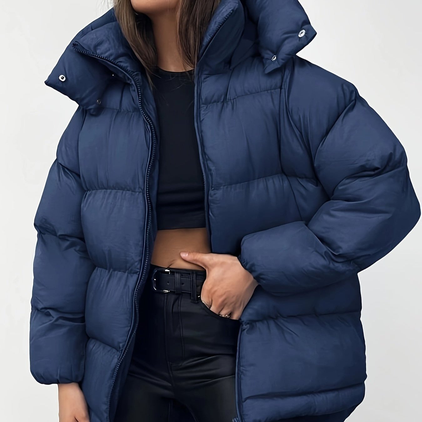 Dam Lång Vinterjacka Monokrom Mjuk Blandningstyg med Dragkedja-3