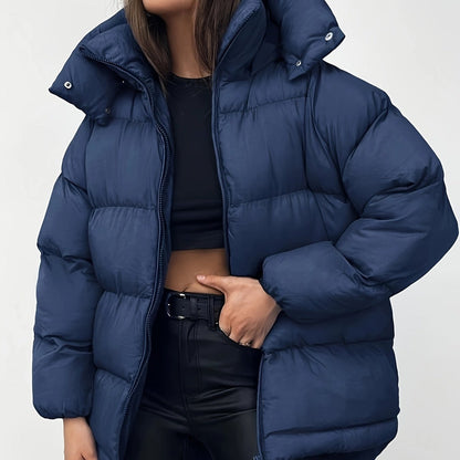 Dam Lång Vinterjacka Monokrom Mjuk Blandningstyg med Dragkedja-3