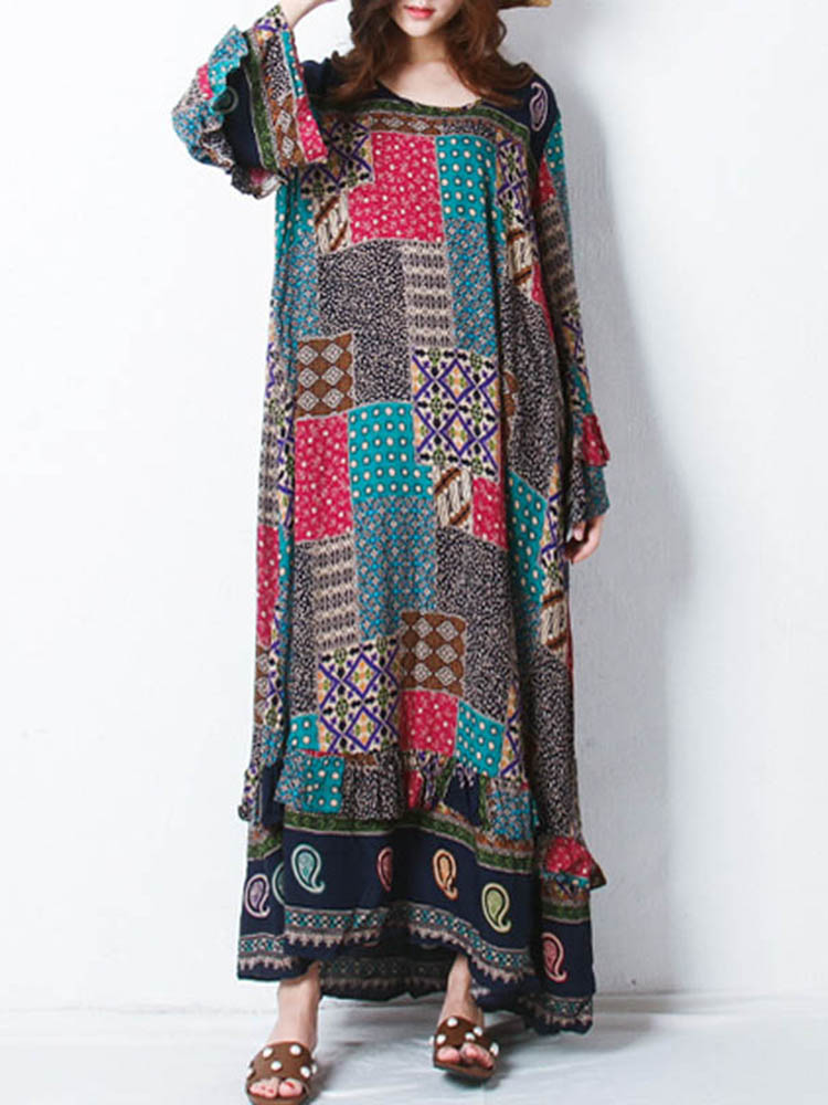 Maxiklänning Dam Boho Patchwork Design 100% Bomull Korta Ärmar 1