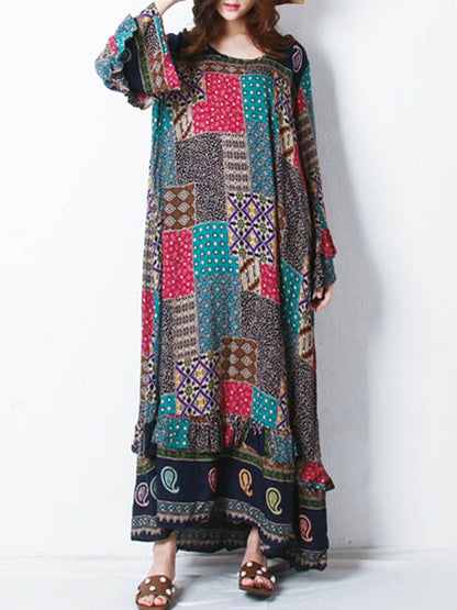 Maxiklänning Dam Boho Patchwork Design 100% Bomull Korta Ärmar 1