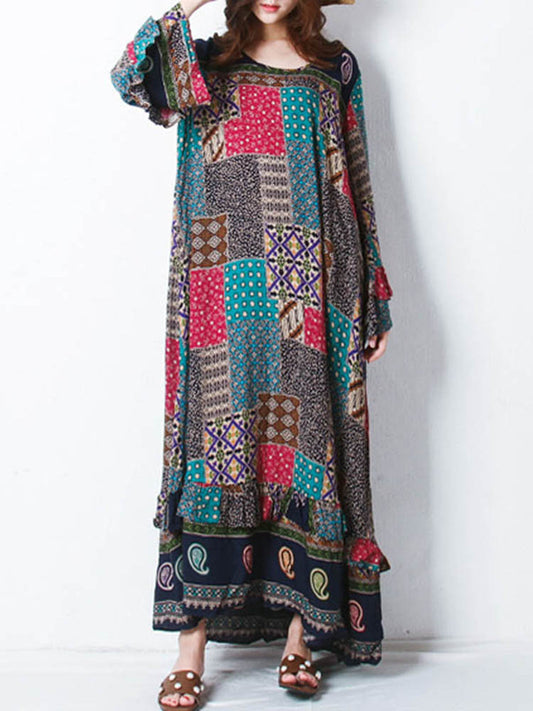 Maxiklänning Dam Boho Patchwork Design 100% Bomull Korta Ärmar-1