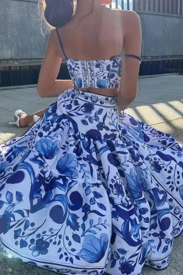 Dam Camisole Top och Tryckt Kjol Set i Polyester och Bomull för Sommarens Evenemang-2