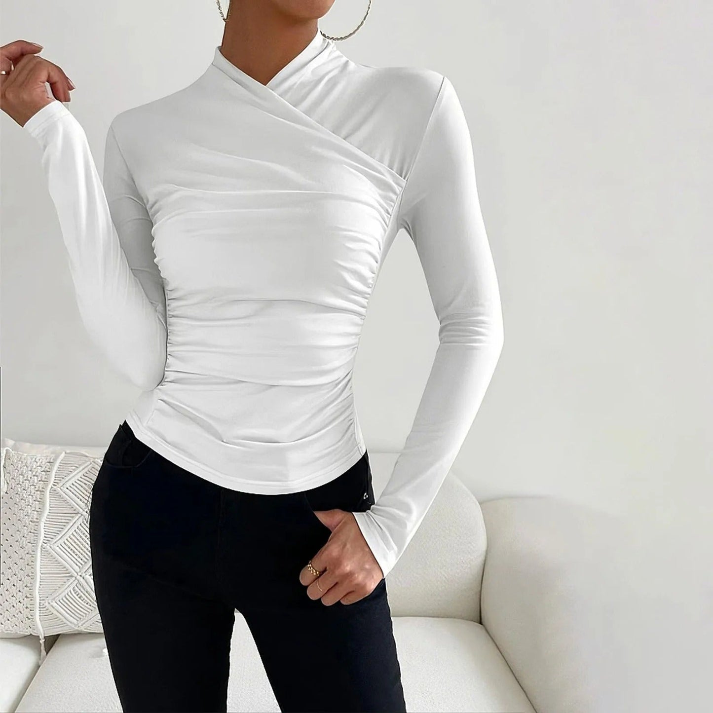 Kvinnor Wrap Blus Långa Ärmar Mjuk Tyg-5
