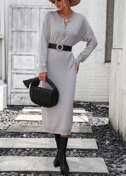 Kvinnors Lång Klänning Elegant Mjuk Tygblandning med Knappdetaljer-6