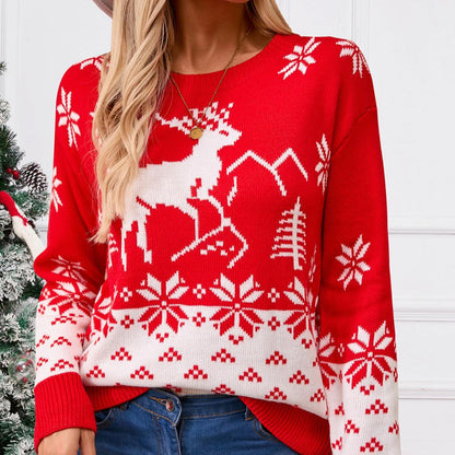 Dam Stickad Tröja med Hjortmönster för Vinter-3