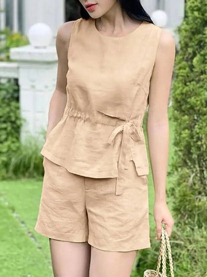 Dam Set Ärmlös Blus O-Hals Polyester Korta Byxor 2