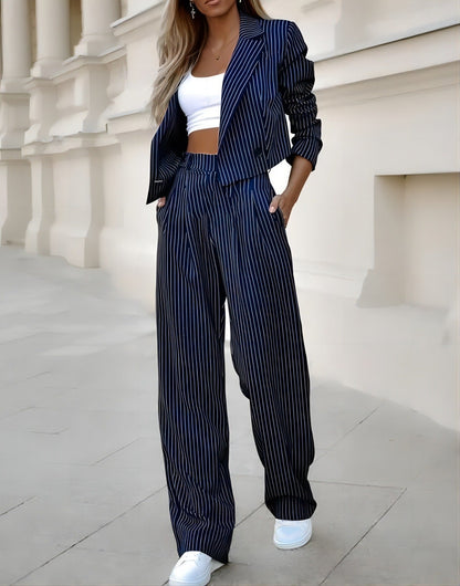 Dam Blazer Set Cropped Blazer Vida Byxor Lätt Material-2