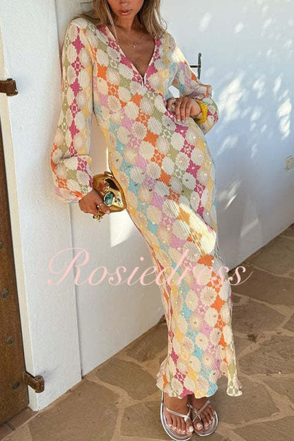 Dam Maxiklänning V-ringning Lykta Ärmar Geometrisk Design Bomull Polyester-3